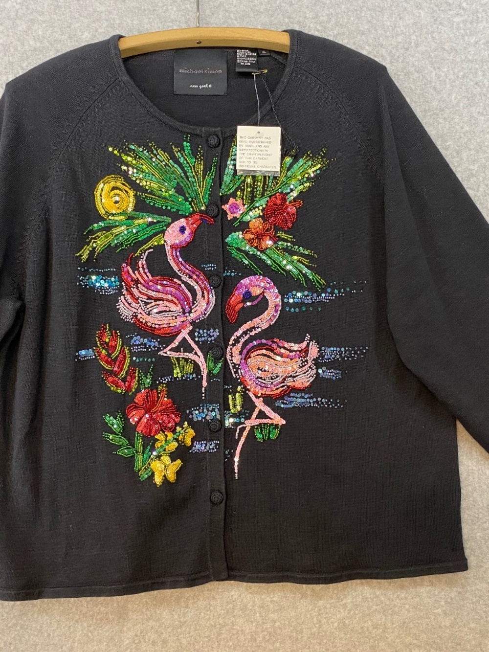 NEW! Vintage Michael Simon Cardigan XL • Sequin Beaded Flamingos • Lightweight